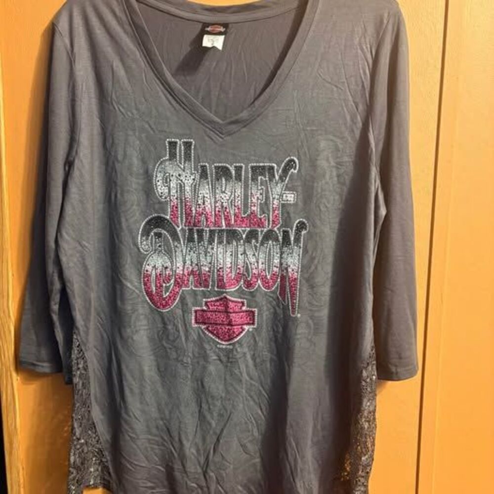 Harley Davidson Motorcycle women’s XL 3/4 sleeve lace shirt top studded bling